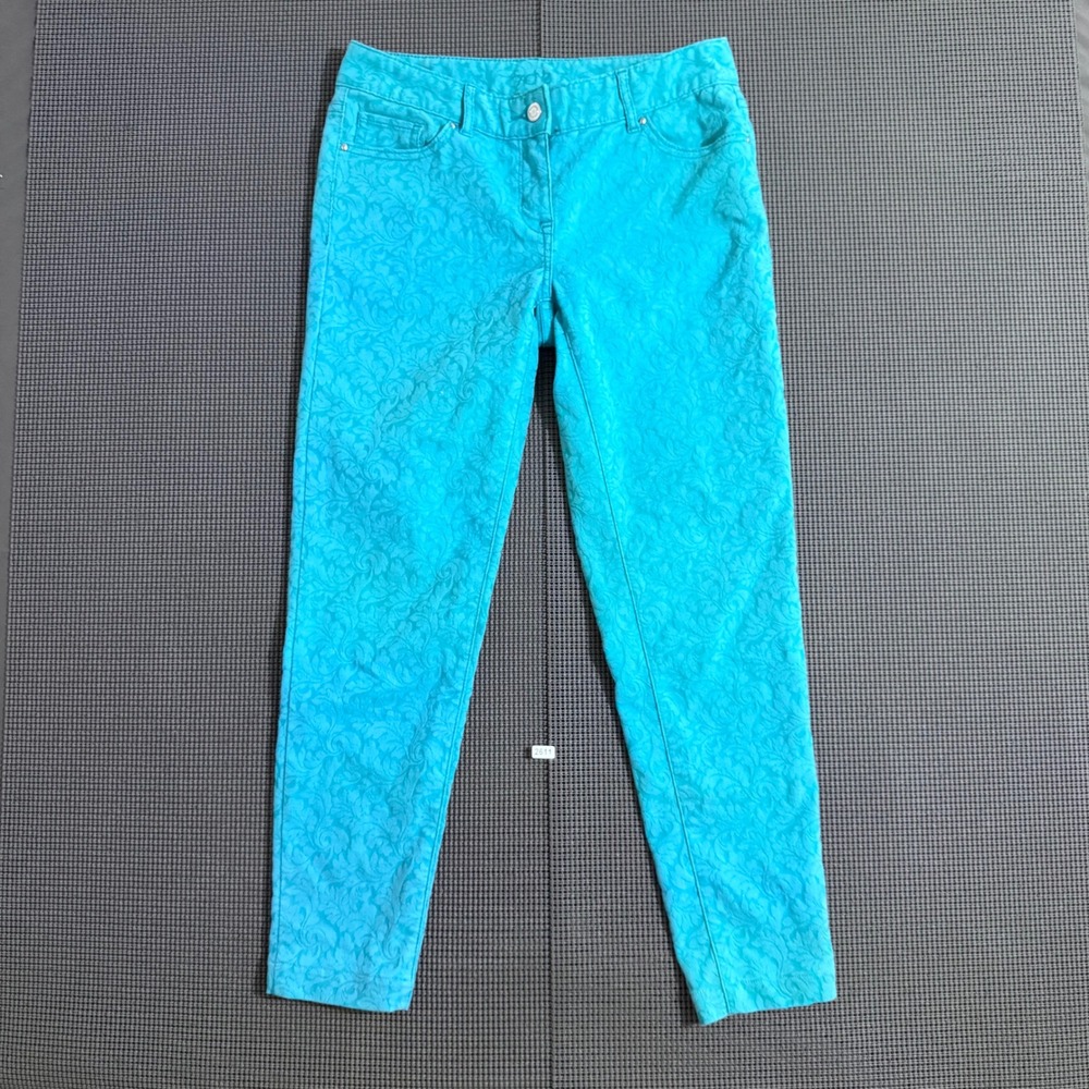 Cache Turquoise Blue Floral Damask Jacquard Slim Fit Pants Womens Size 2